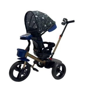 Triciclo tipo auto azul con diseño