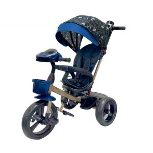 Triciclo tipo auto azul con diseño